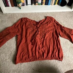 American Eagle Terracotta Lace Trim Bell Sleeve Blouse